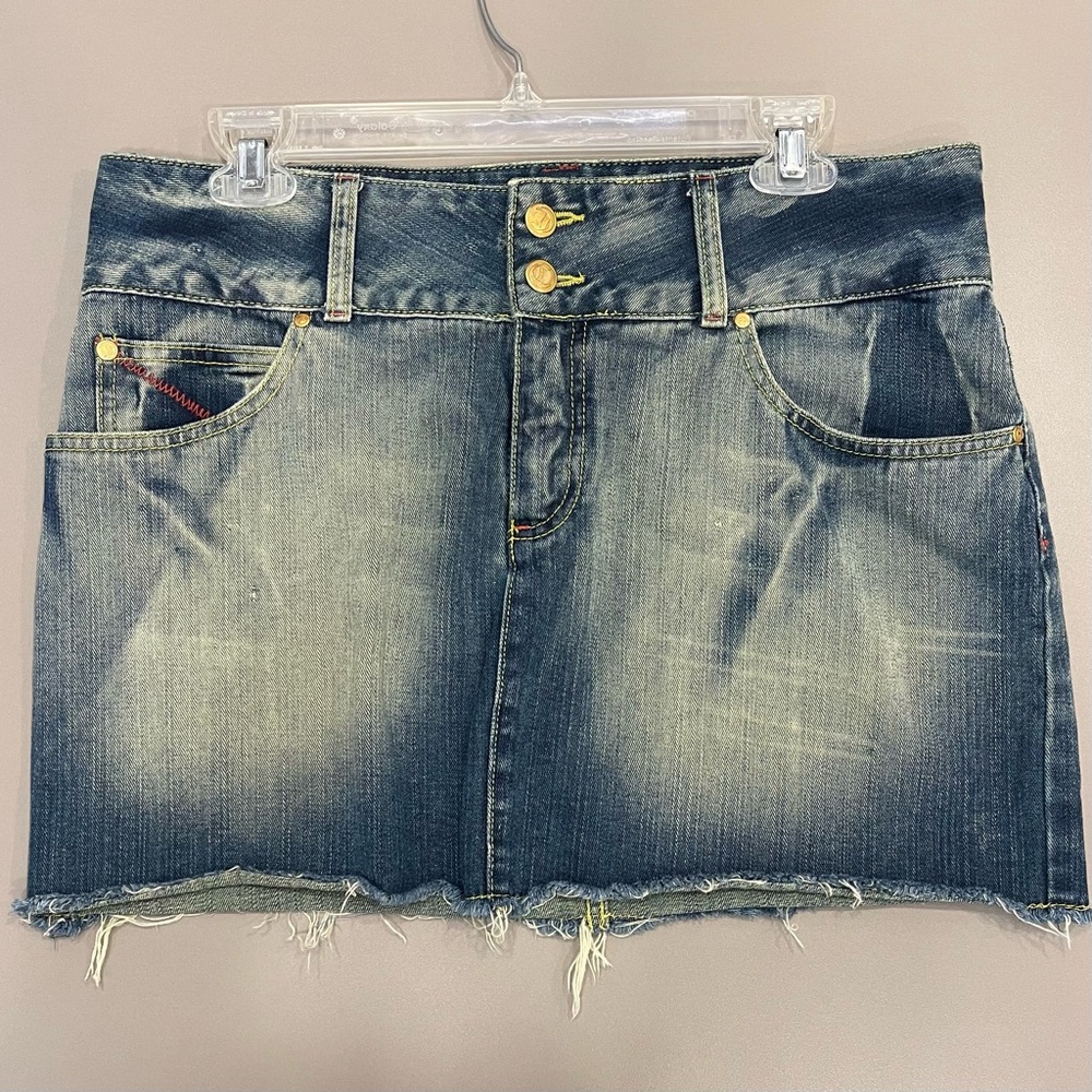 Y2k Cavalera Distressed Denim Mini Skirt w/ Aged Effect & Embroidered C Patch